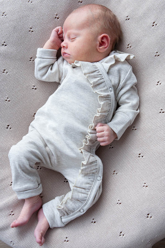 Baby Strampler Rippe Rüschen Beige Melange