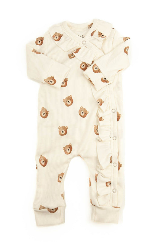 Ruffled baby romper with ribbed bear heads
