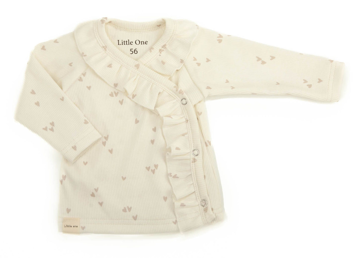 Overslag shirtje ruffel baby rib ecru hartjes